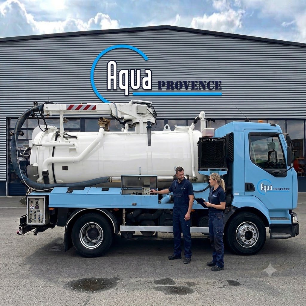 Camion hydrocureur AQUAPROVENCE et son équipe devant l'agence — vidange et débouchage dans le Pays Salonais